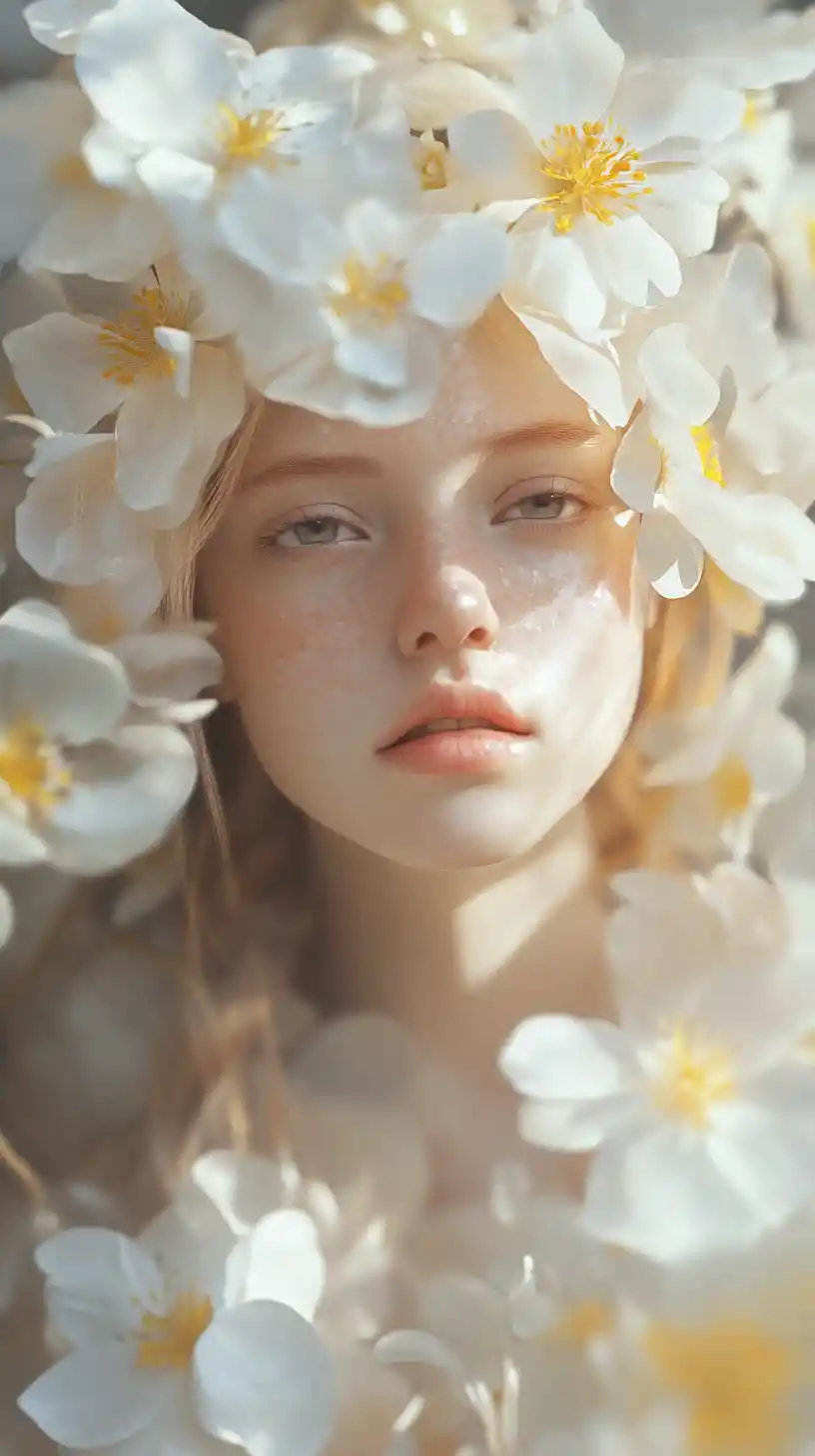Dreamy fantasy portrait of a pale girl with flower crown