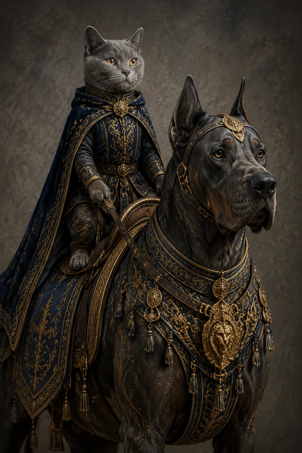 Regal grey cat riding an armored dog in blue and gold