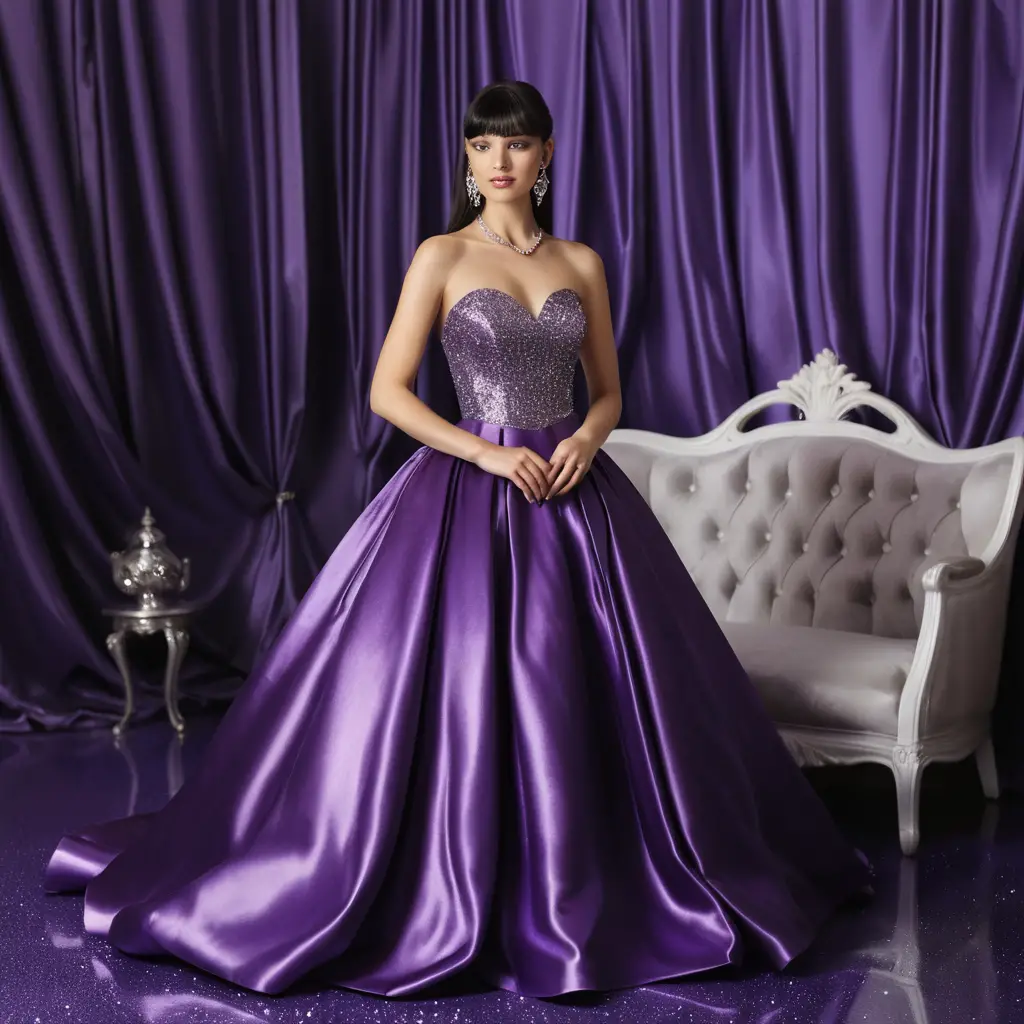 Elegant woman in royal purple satin ballgown indoors