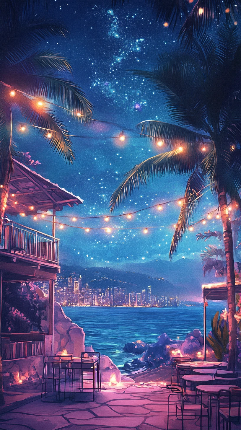 Magical balcony view over a starlit coastal city