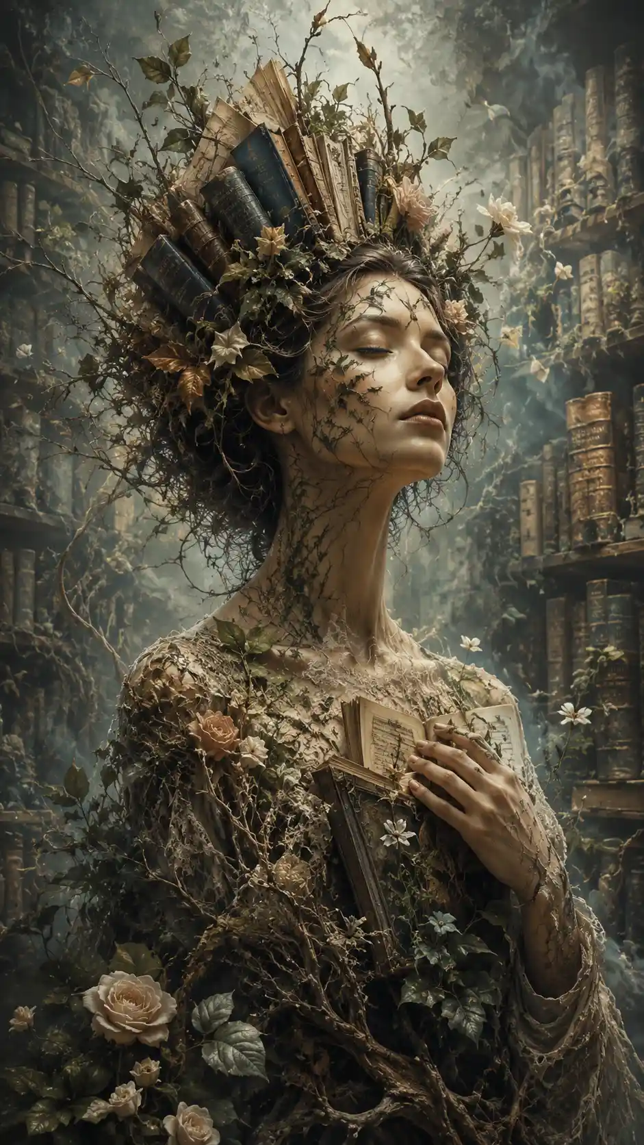Mystical woman crowned with books in a fading library