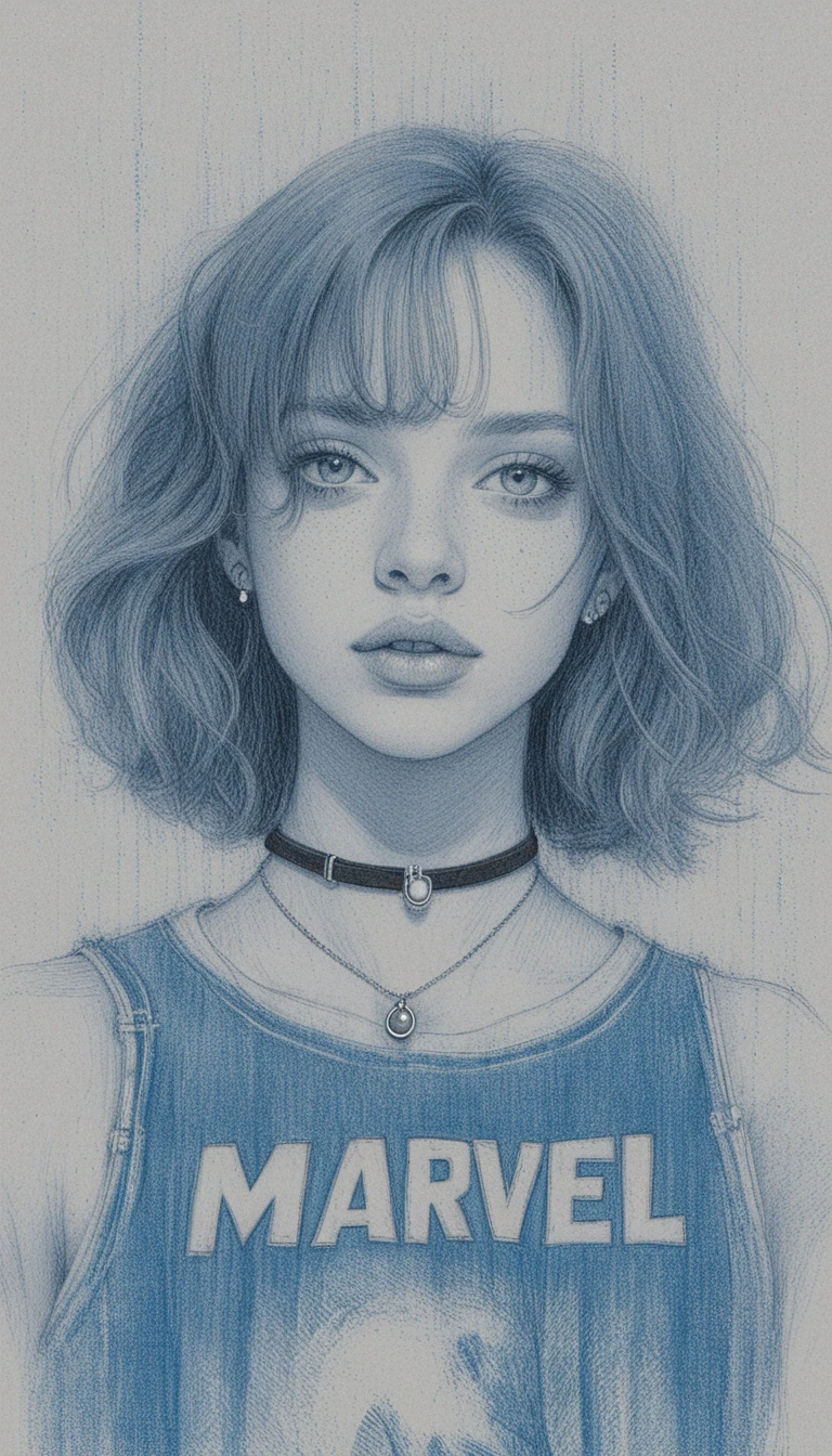 Retrato a lápices de colores de chica de cabello plateado con joyas