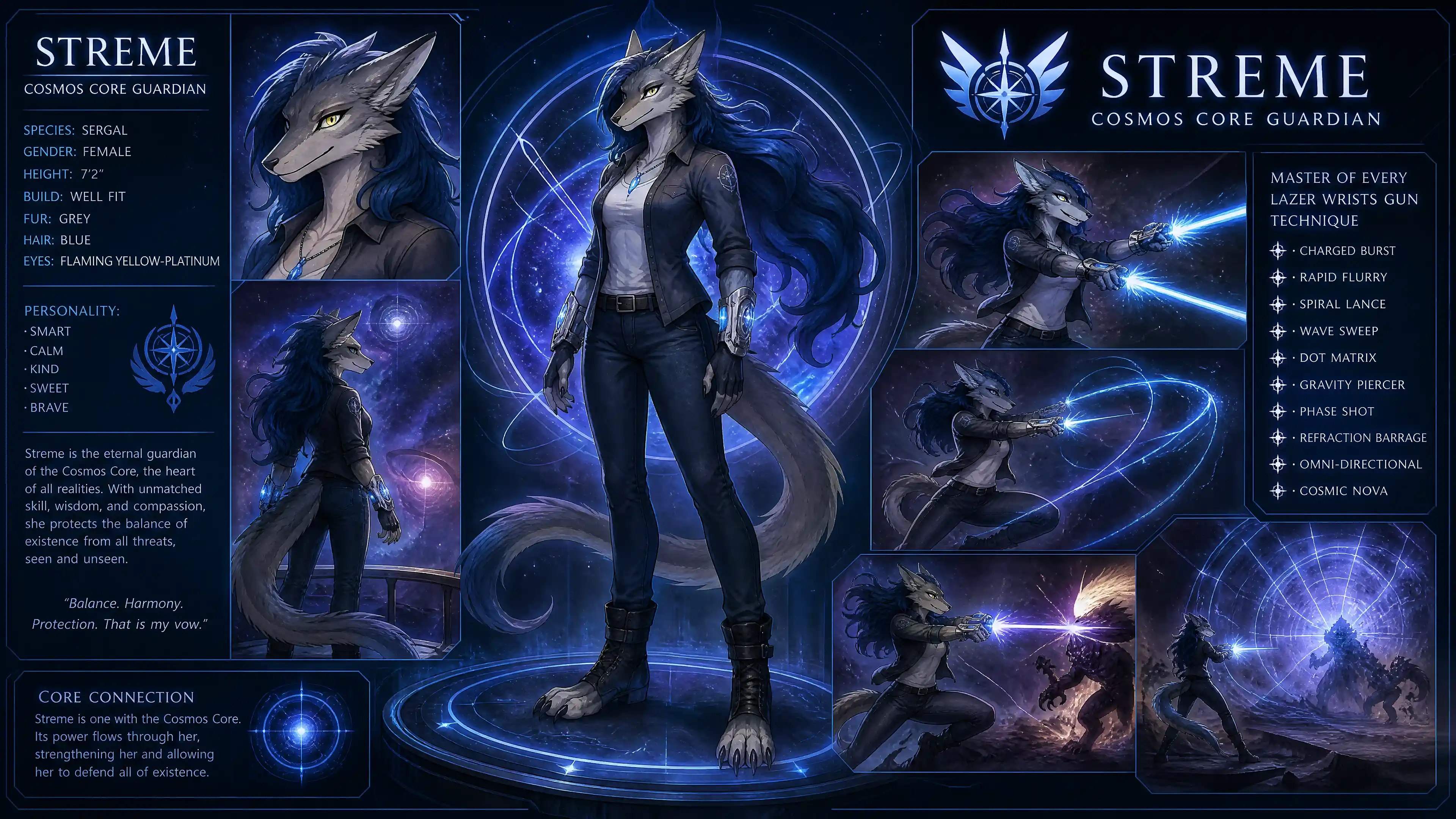 Anthro cosmic guardian with blue hair and glowing eyes