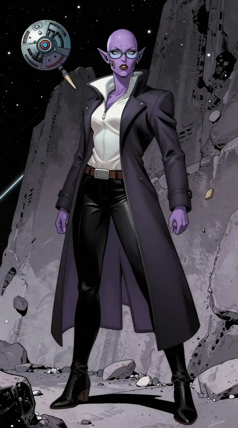 Tall violet alien woman with cybernetic tusks and glasses