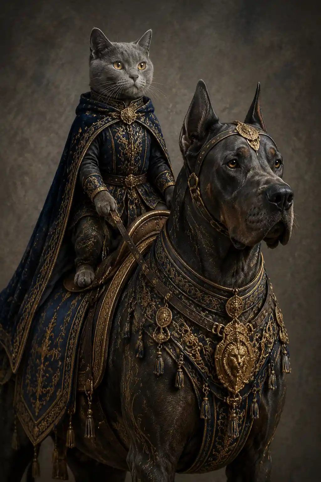 Regal grey cat riding an armored dog in blue and gold