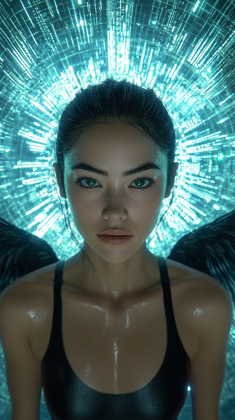 Ethereal woman with cyberpunk halo and black angel wings