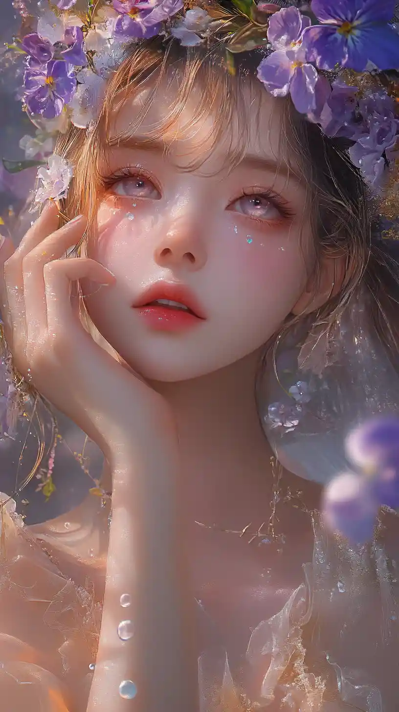 Elegant anime woman in floral crown and golden fabrics