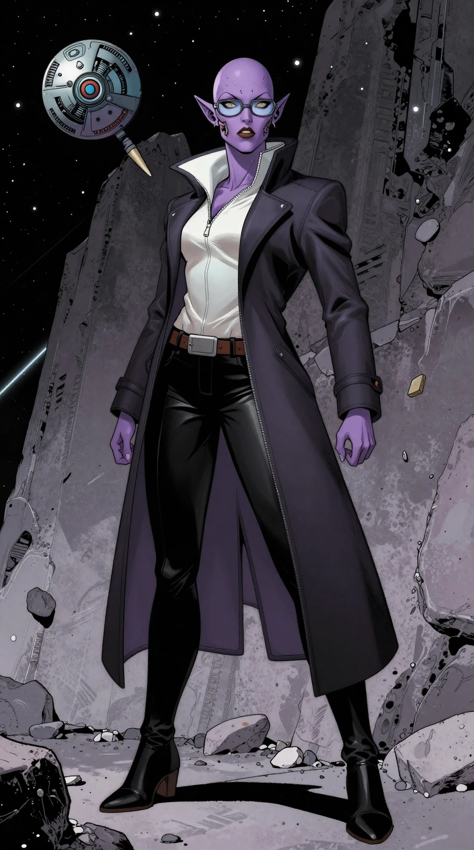 Tall violet alien woman with cybernetic tusks and glasses