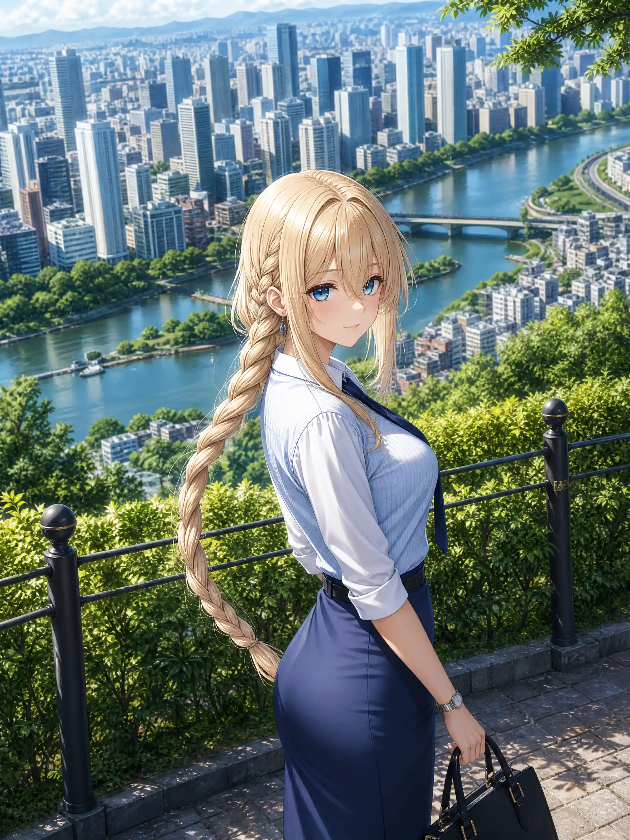 Blonde anime girl by a river in a city park