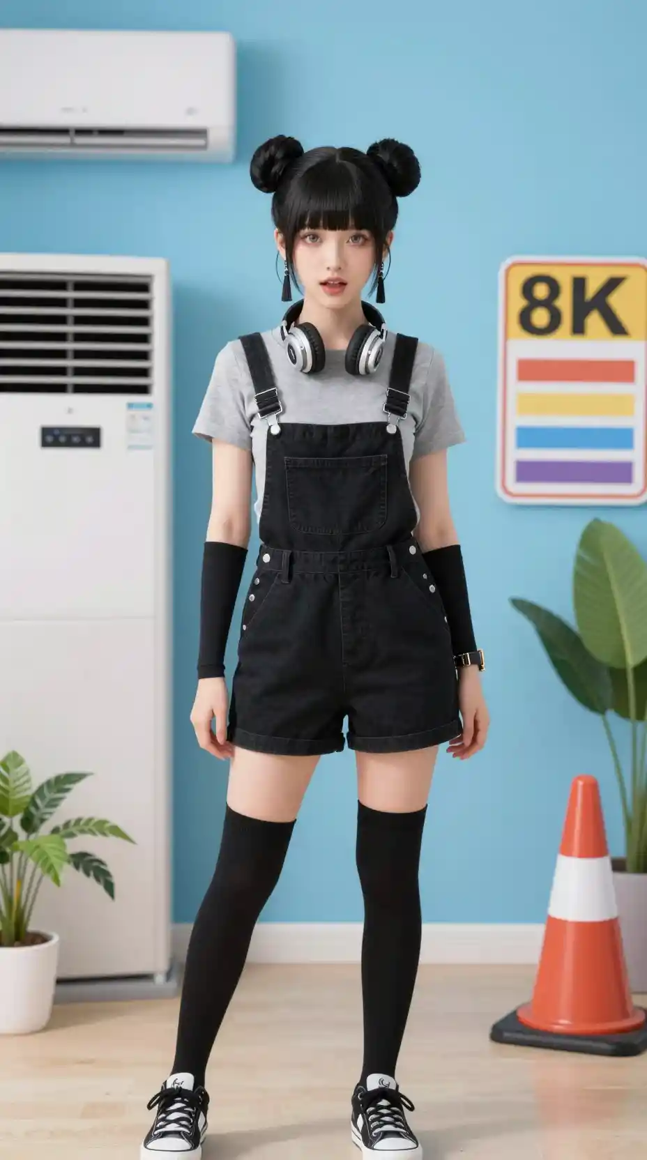 Anime girl in casual outfit with plants and blue background
