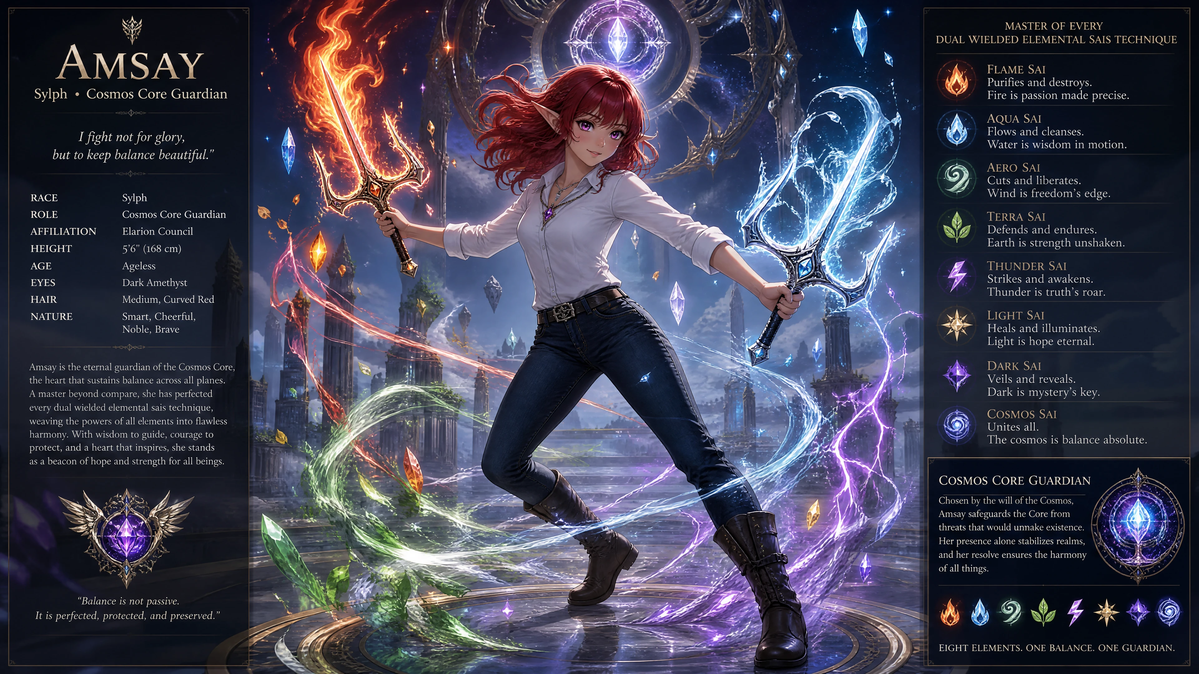 Brave female sylph warrior with elemental sais in cosmos