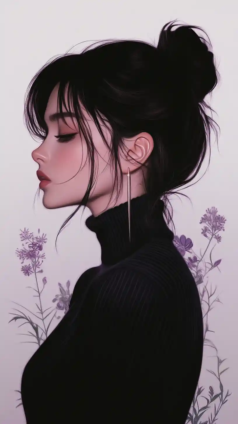 Melancholic anime woman in profile with high bun and bangs