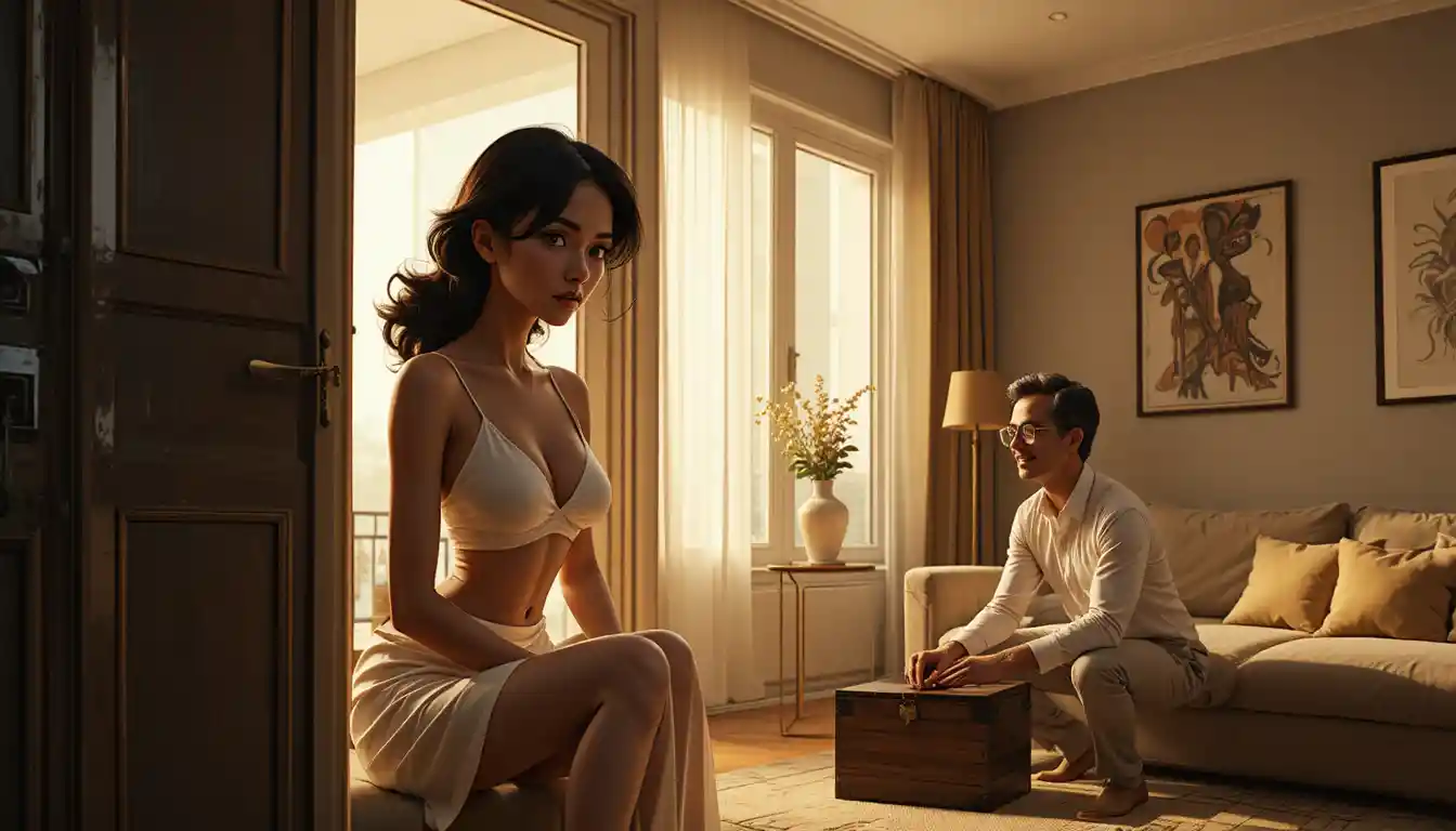 Elegant woman in white dress standing in apartment doorway