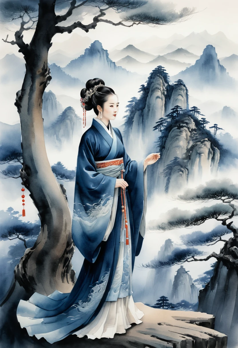 Elegant Chinese noblewoman under a twisted pine tree