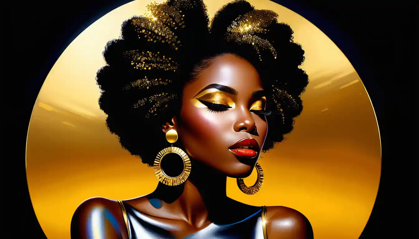Elegant black woman with glowing golden afro and jewelry