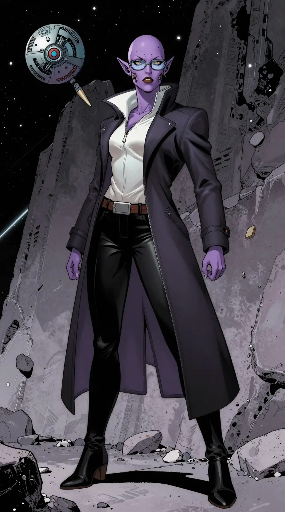Tall violet alien woman with cybernetic tusks and glasses