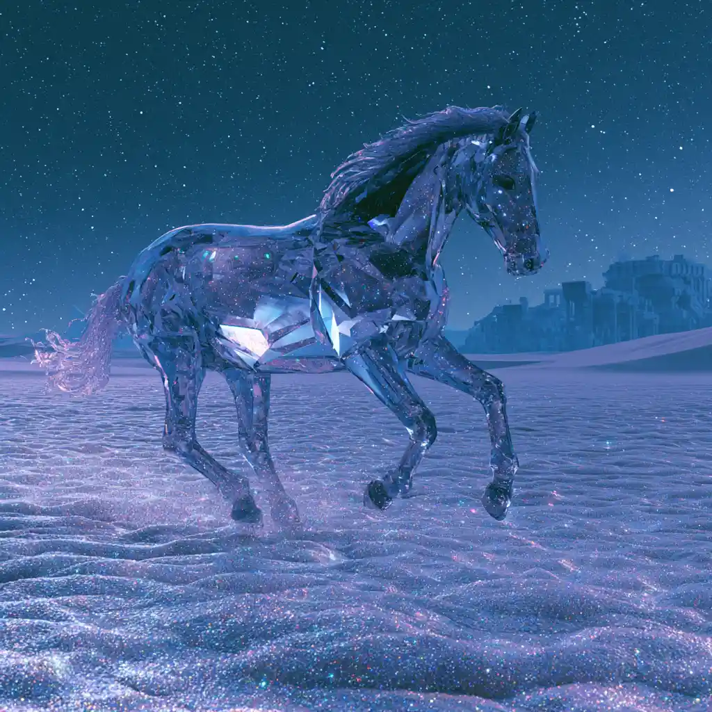 Glass horse running across a vast starlit desert