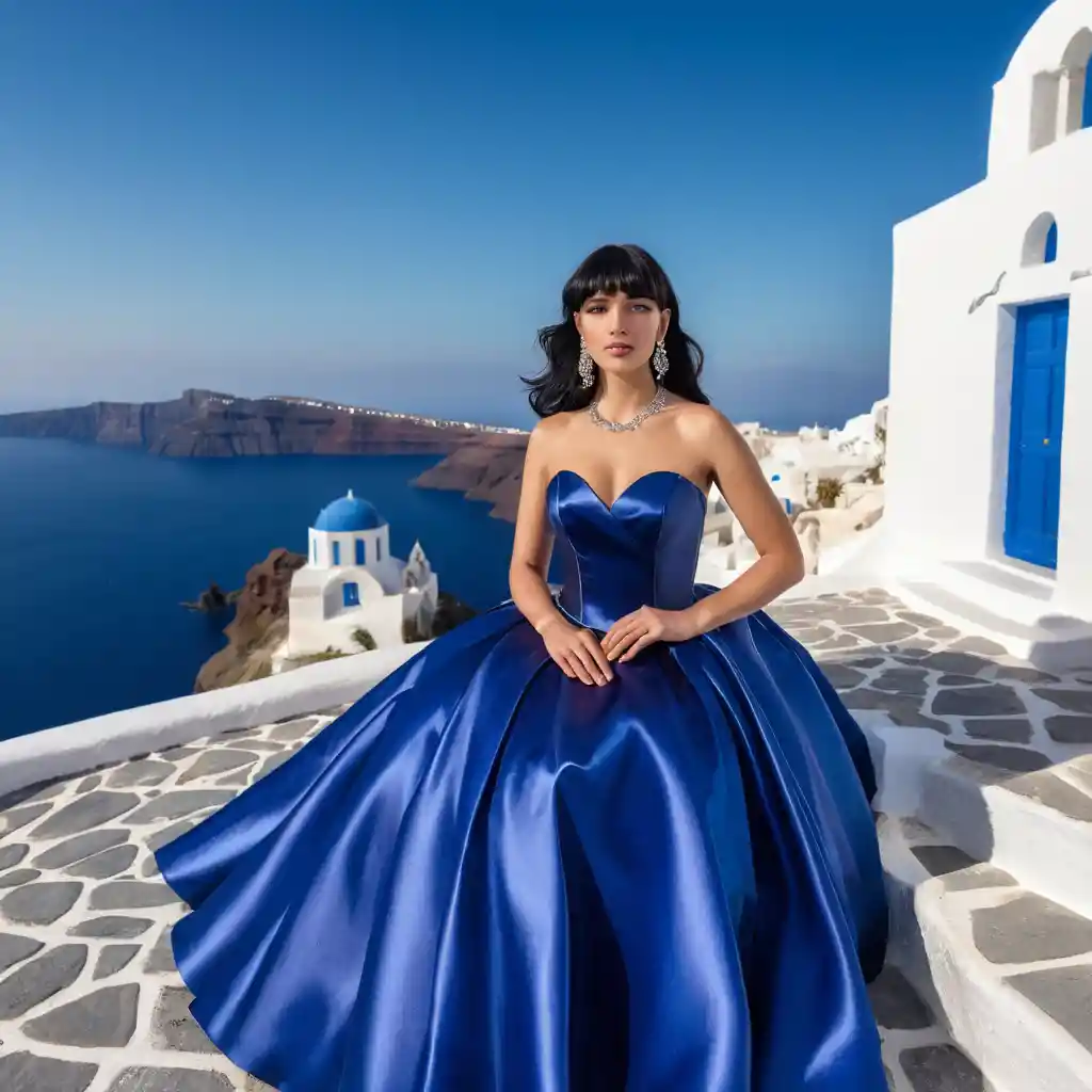 Elegant woman in blue satin ballgown in Santorini street