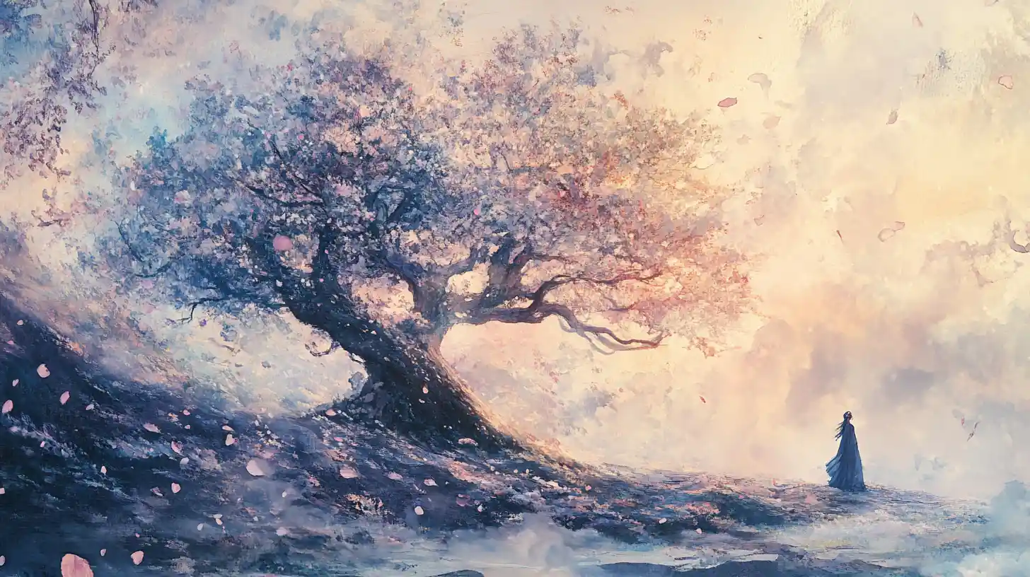 Ethereal elf before a glowing watercolor tree