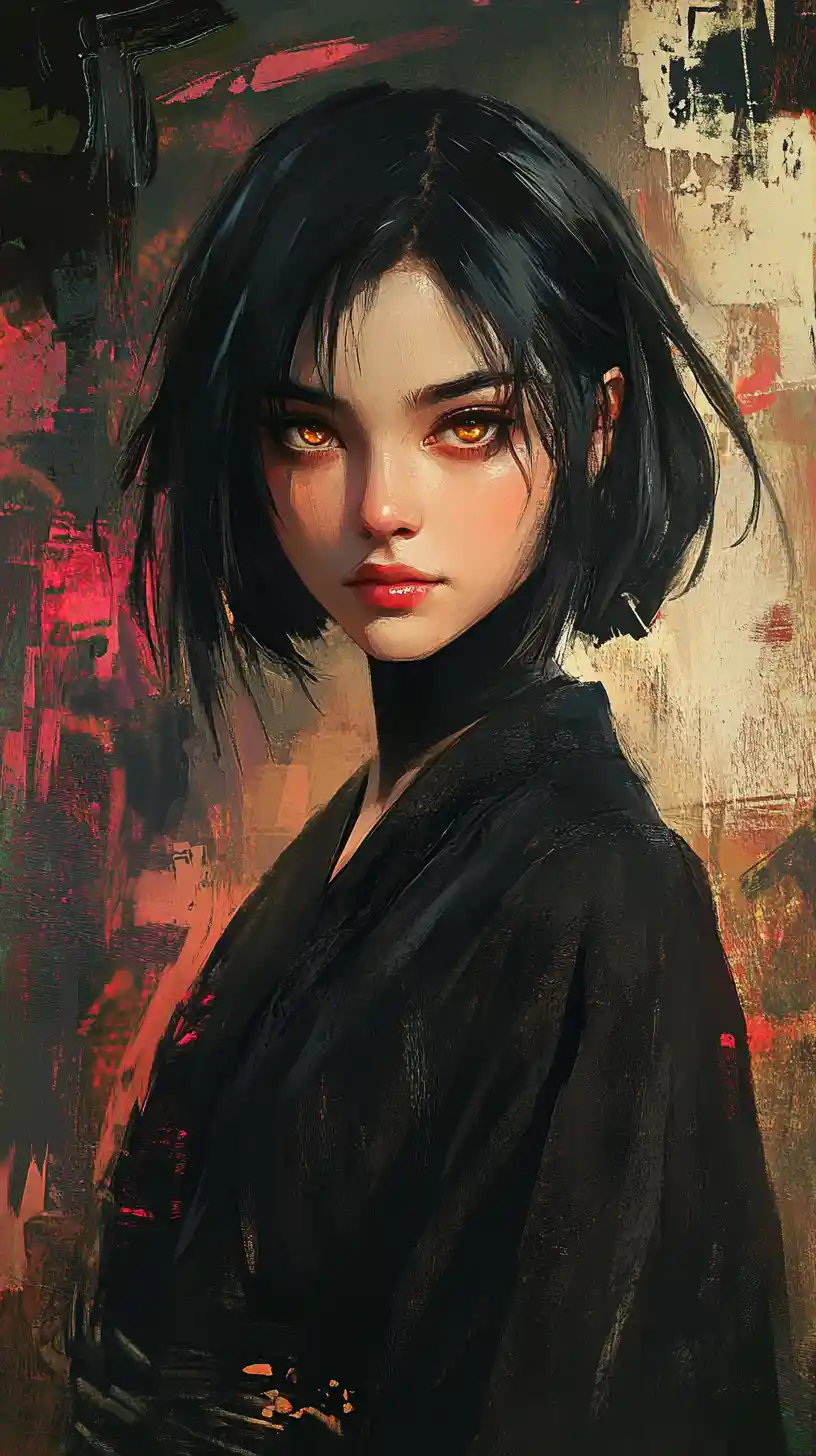 Stoic anime girl in dark kimono with glowing amber eyes