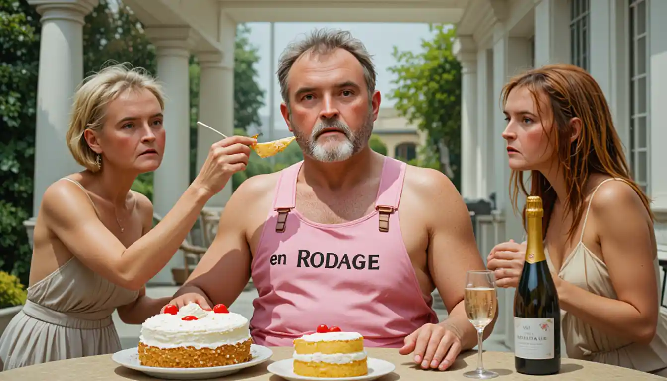 Topless man celebrated with cake and champagne outdoors