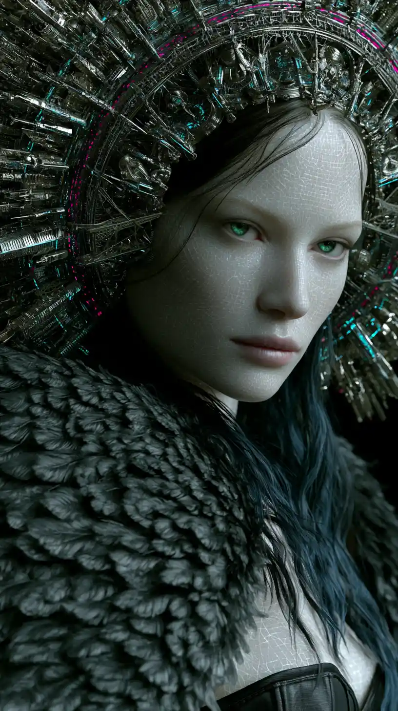 Ethereal woman with cyberpunk halo and dark angel wings