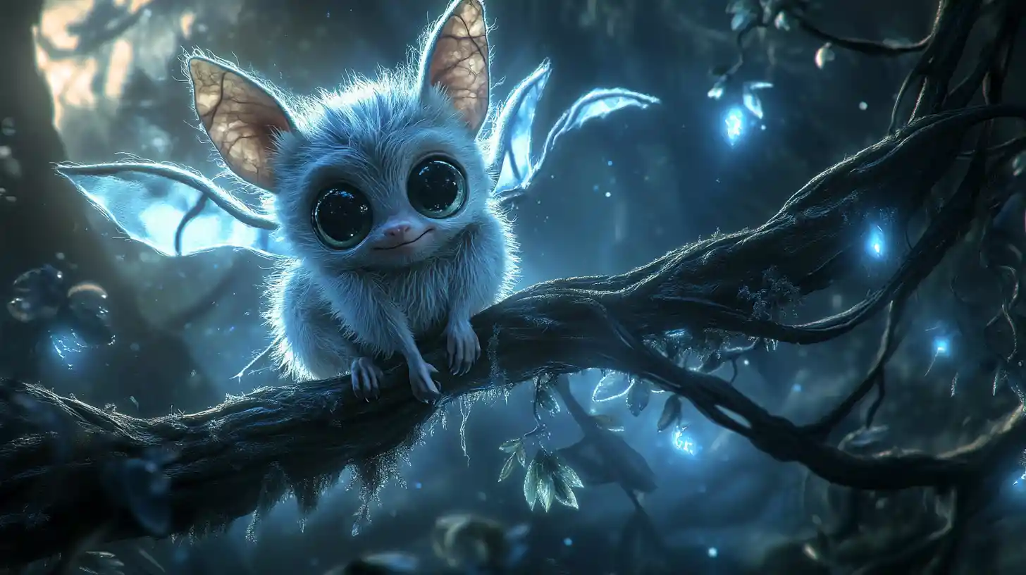Cute fluffy bat on glowing branch in enchanted forest