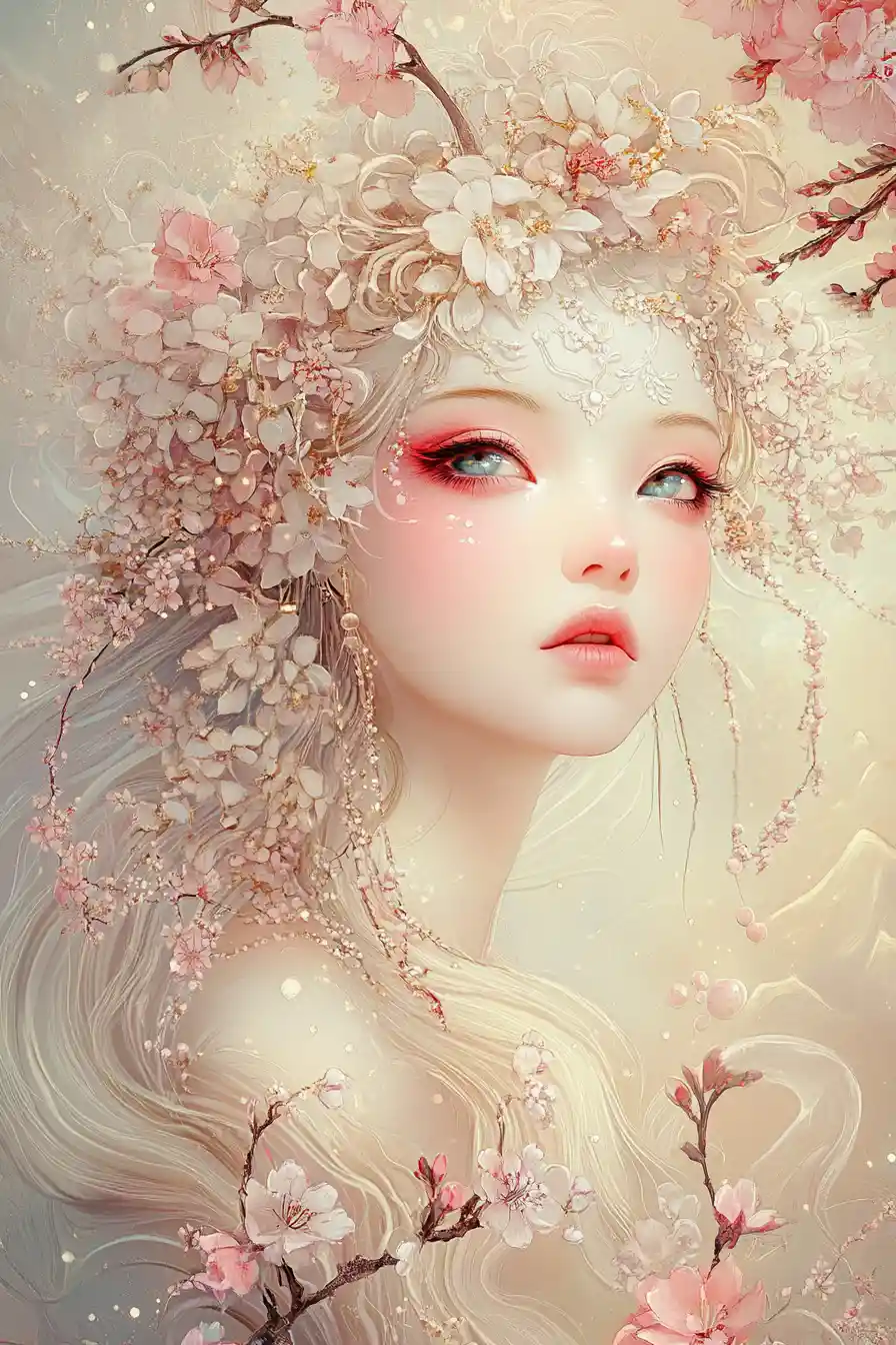 Mystical fantasy woman amid cherry blossoms and mountains