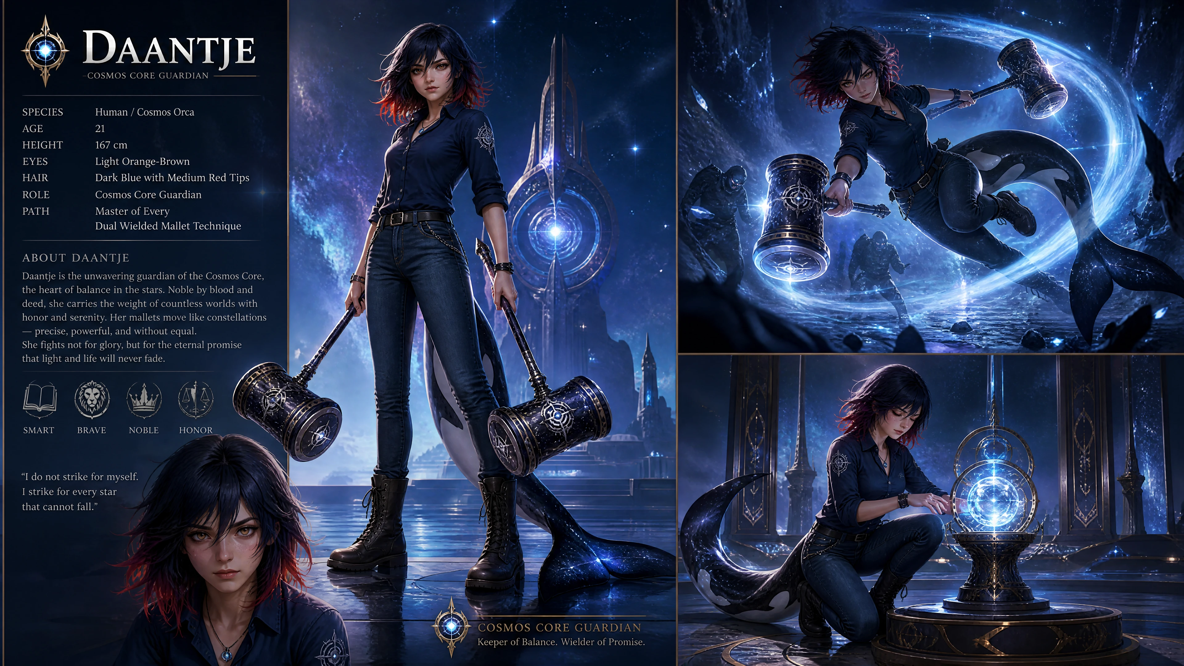Cosmic guardian woman with orca tail and dual mallets