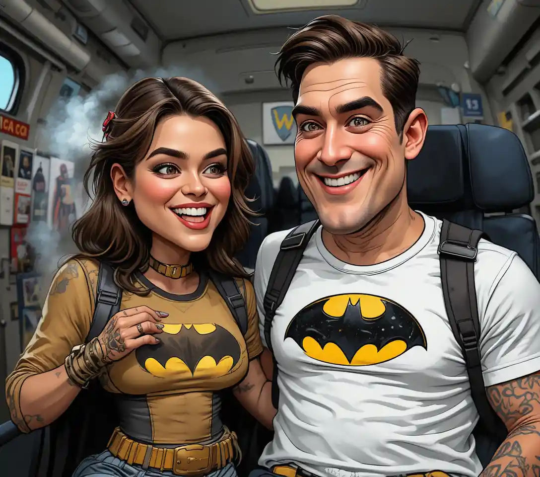Couple traveling by plane with a bat on his tshirt
