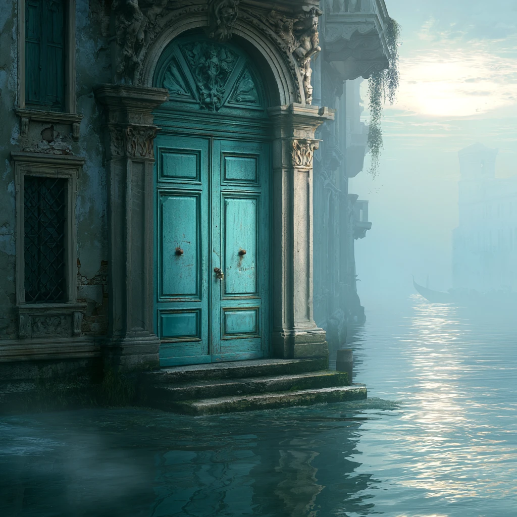 Ethereal turquoise door on a Venetian canal palace facade