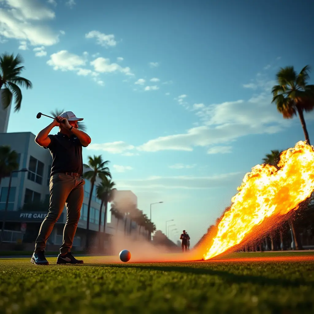 Urban street golf scene with dramatic chip shot