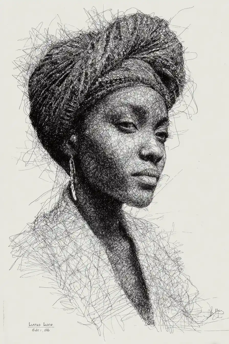 Textured pencil portrait of a black woman facing forward
