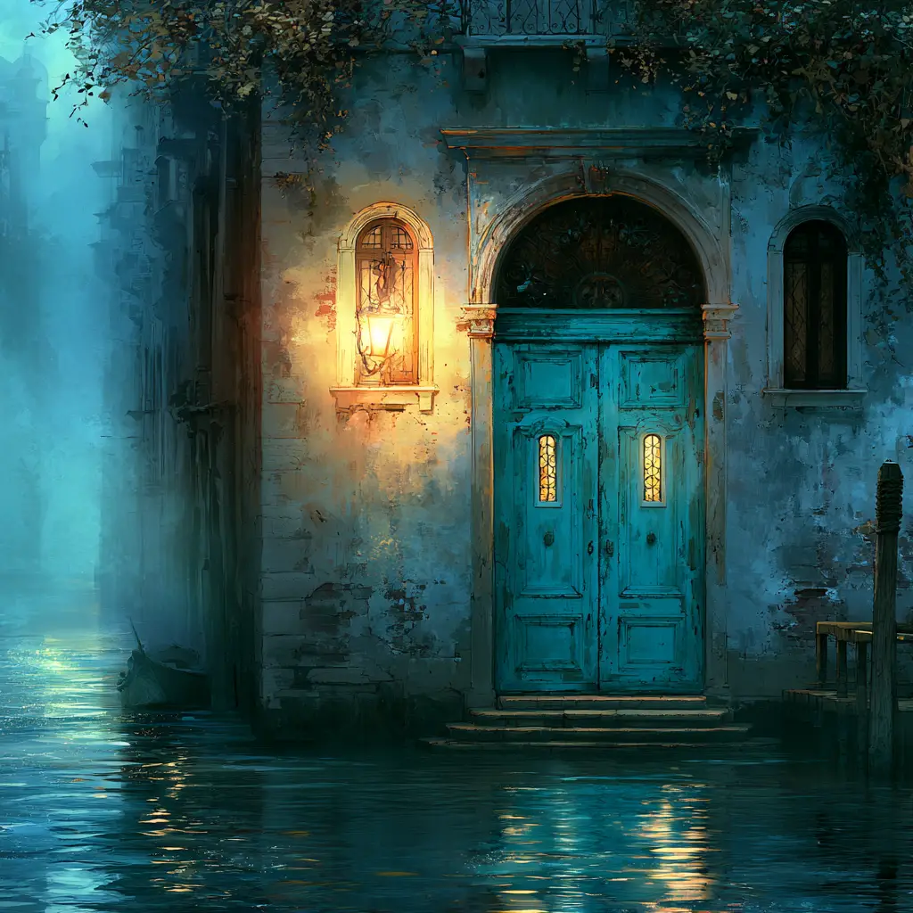 Ornate turquoise door on a Venetian canal palace facade