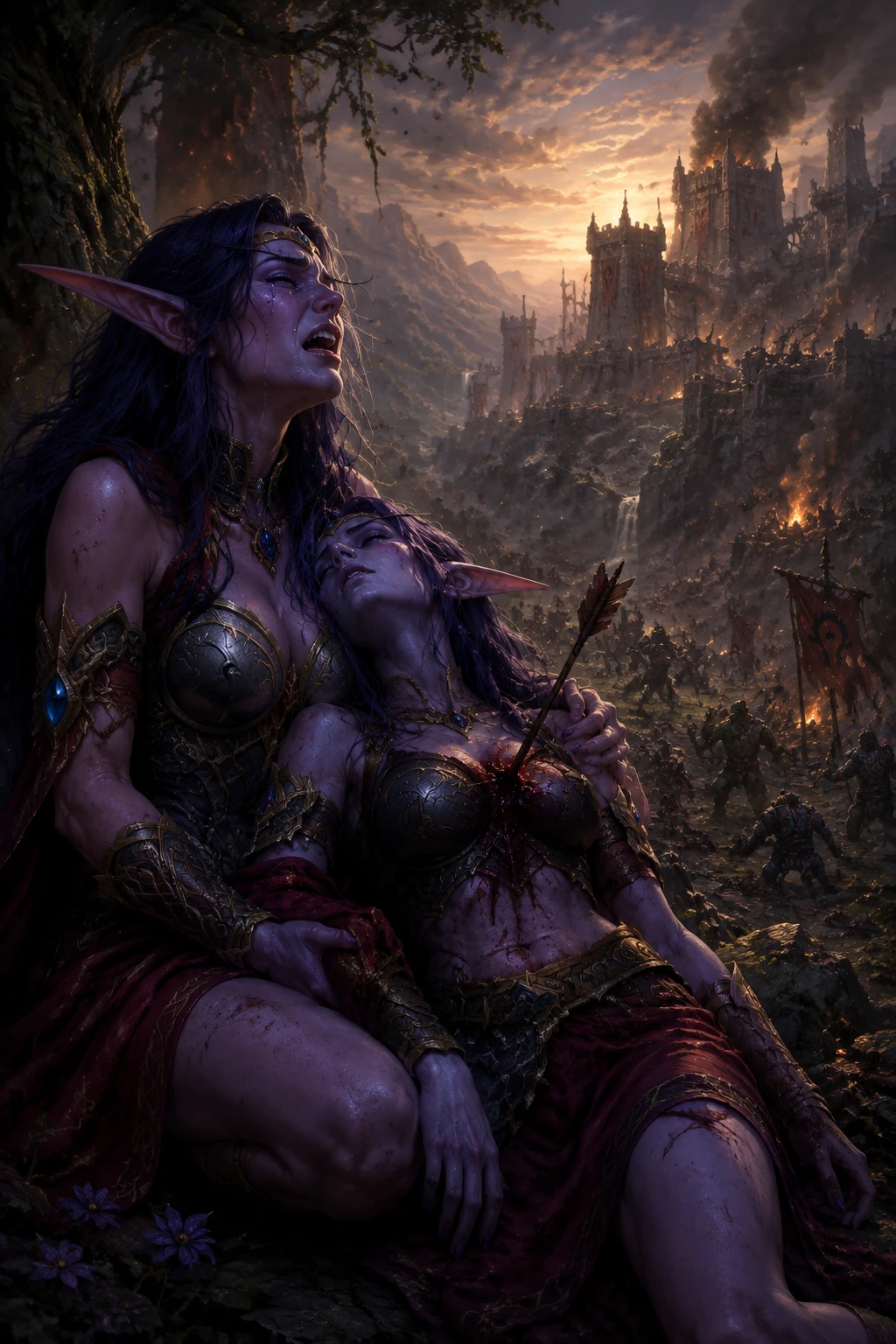 Night elf warrior queen mourning her wounded wife