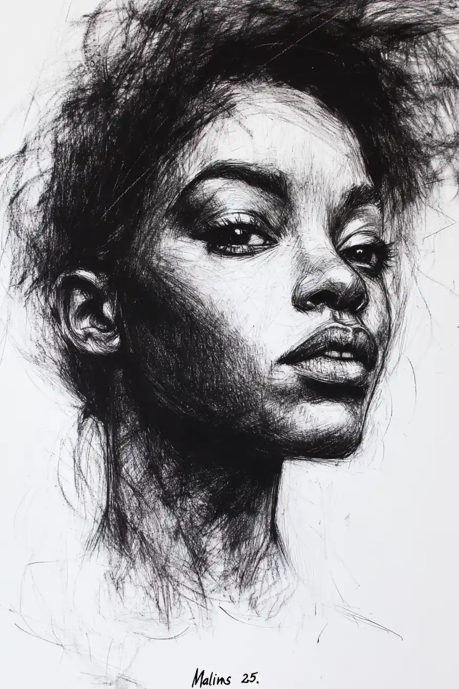 Textured graphite portrait of a Black woman with afro bun