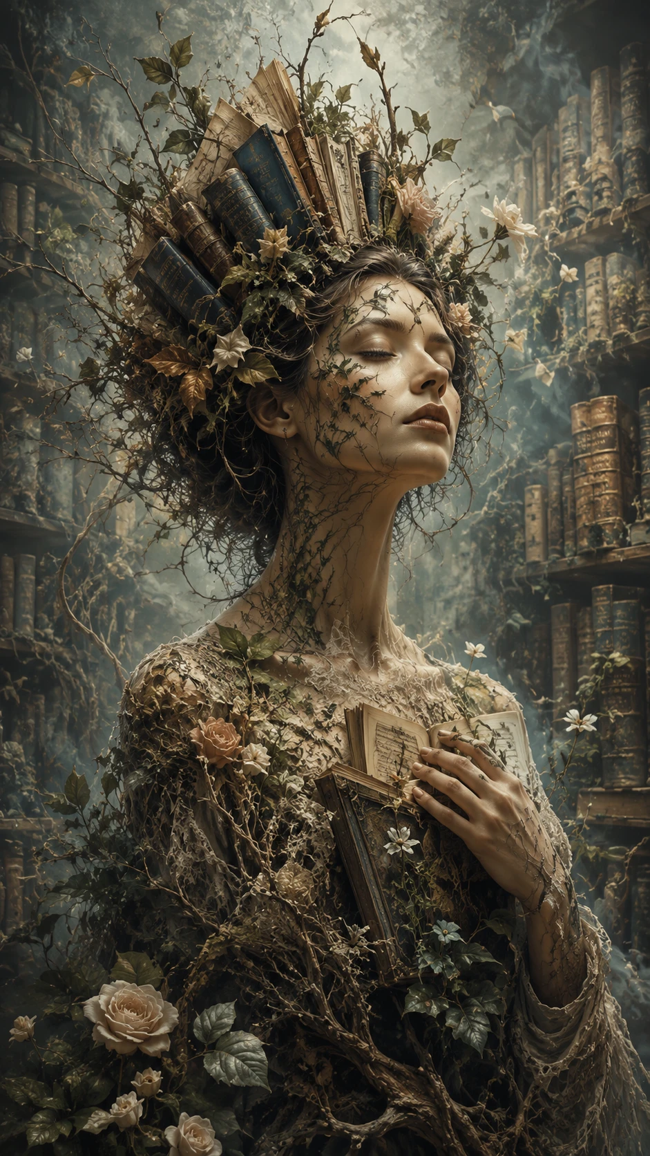 Mystical woman crowned with books in a fading library