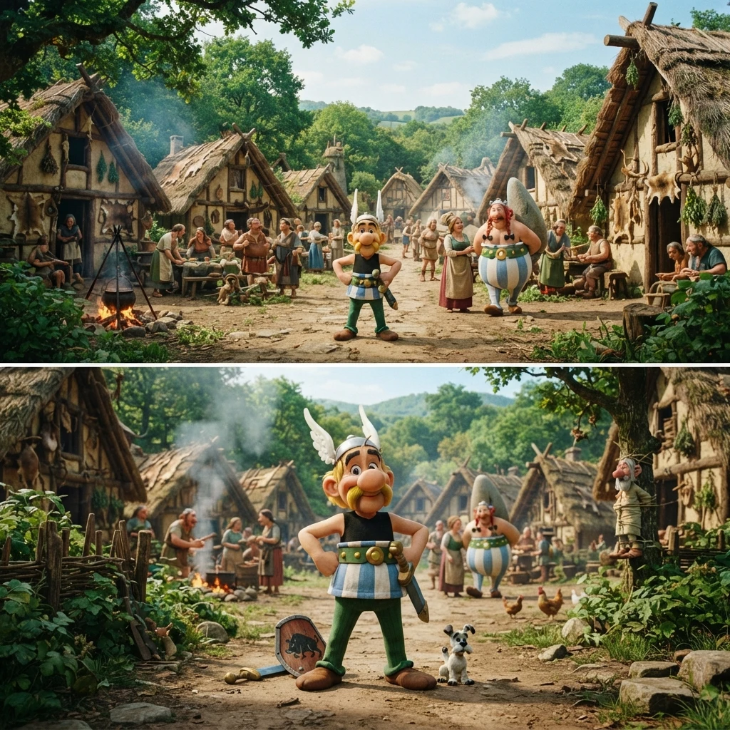 Gaulish warrior standing proudly in a colorful ancient village