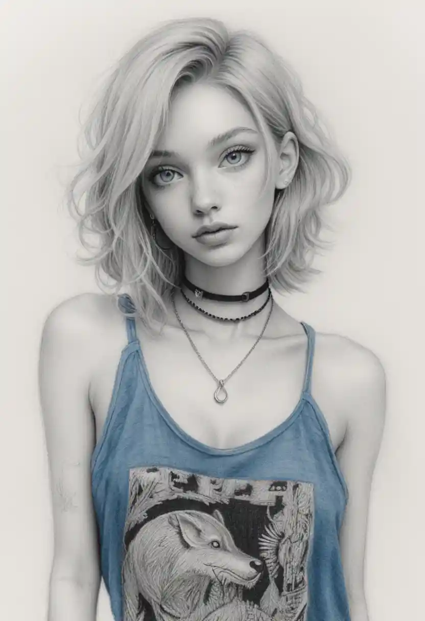 Silver haired girl portrait with blue eyes and necklaces