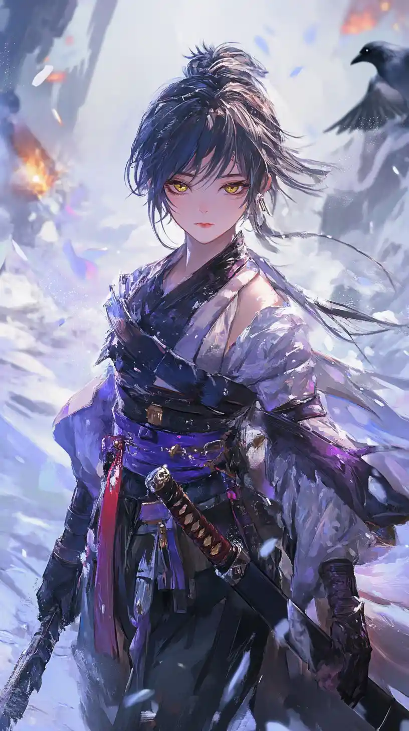 Anime girl with flaming outfit and yellow eyes