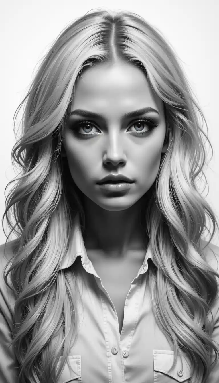 Serious blonde woman in white shirt on plain white background