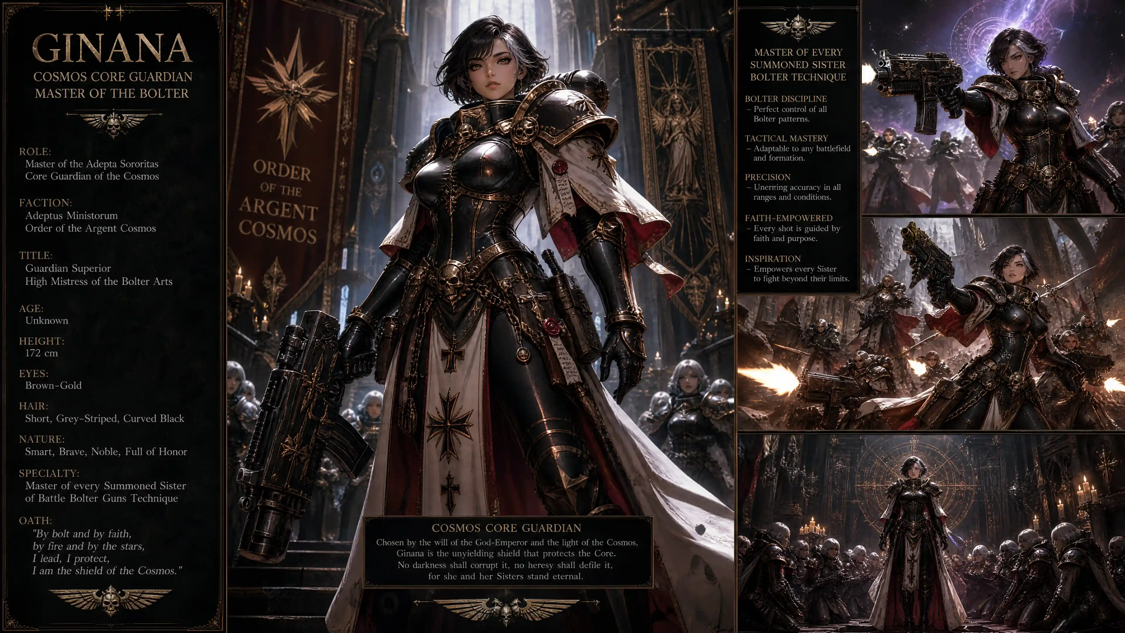 Cosmic armored sister of battle with brown gold eyes