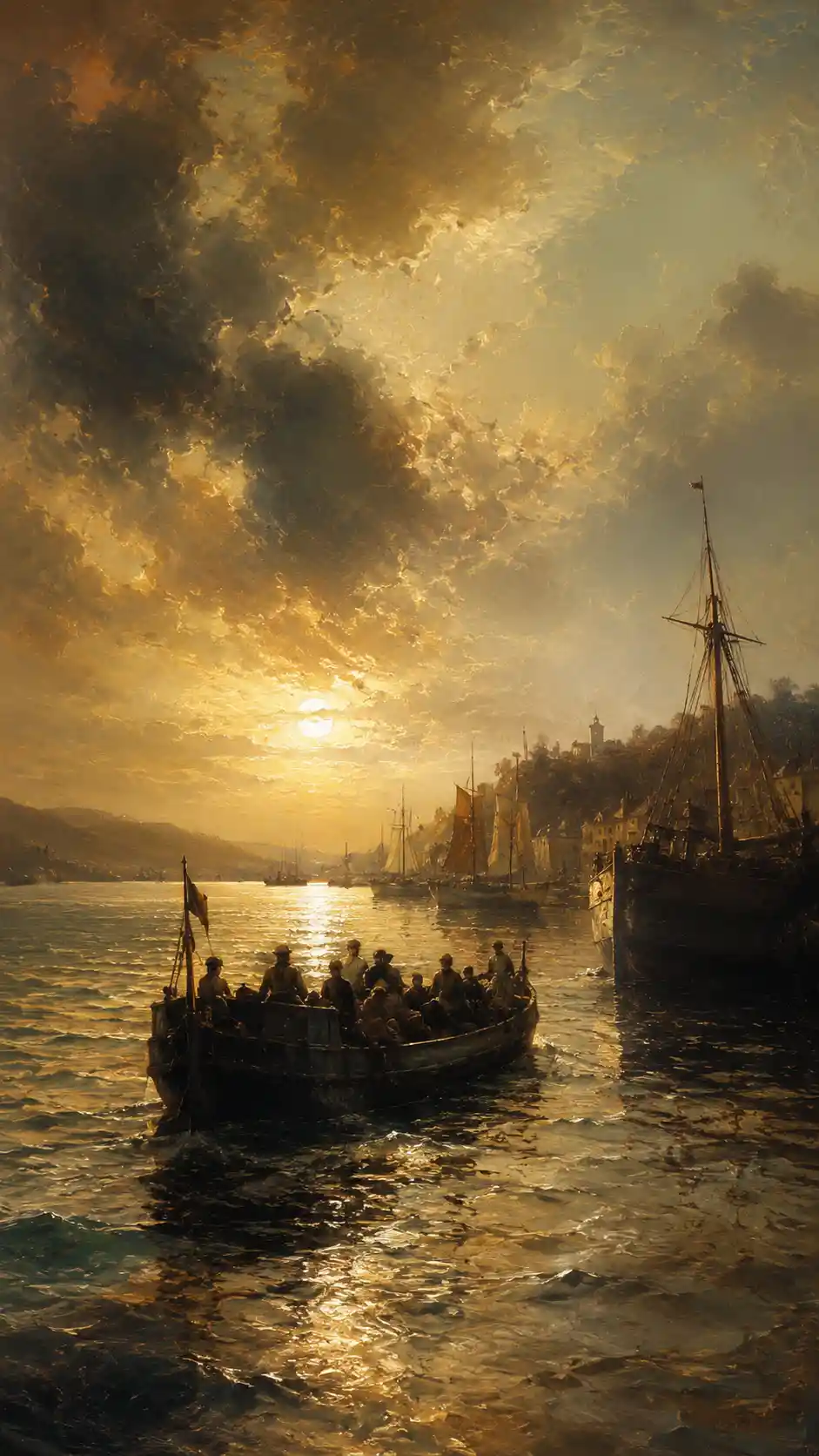 Romantic harbor boat on glowing golden seascape waters