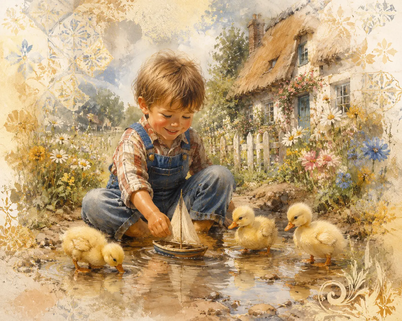 Young boy playing with toy boat in a puddle