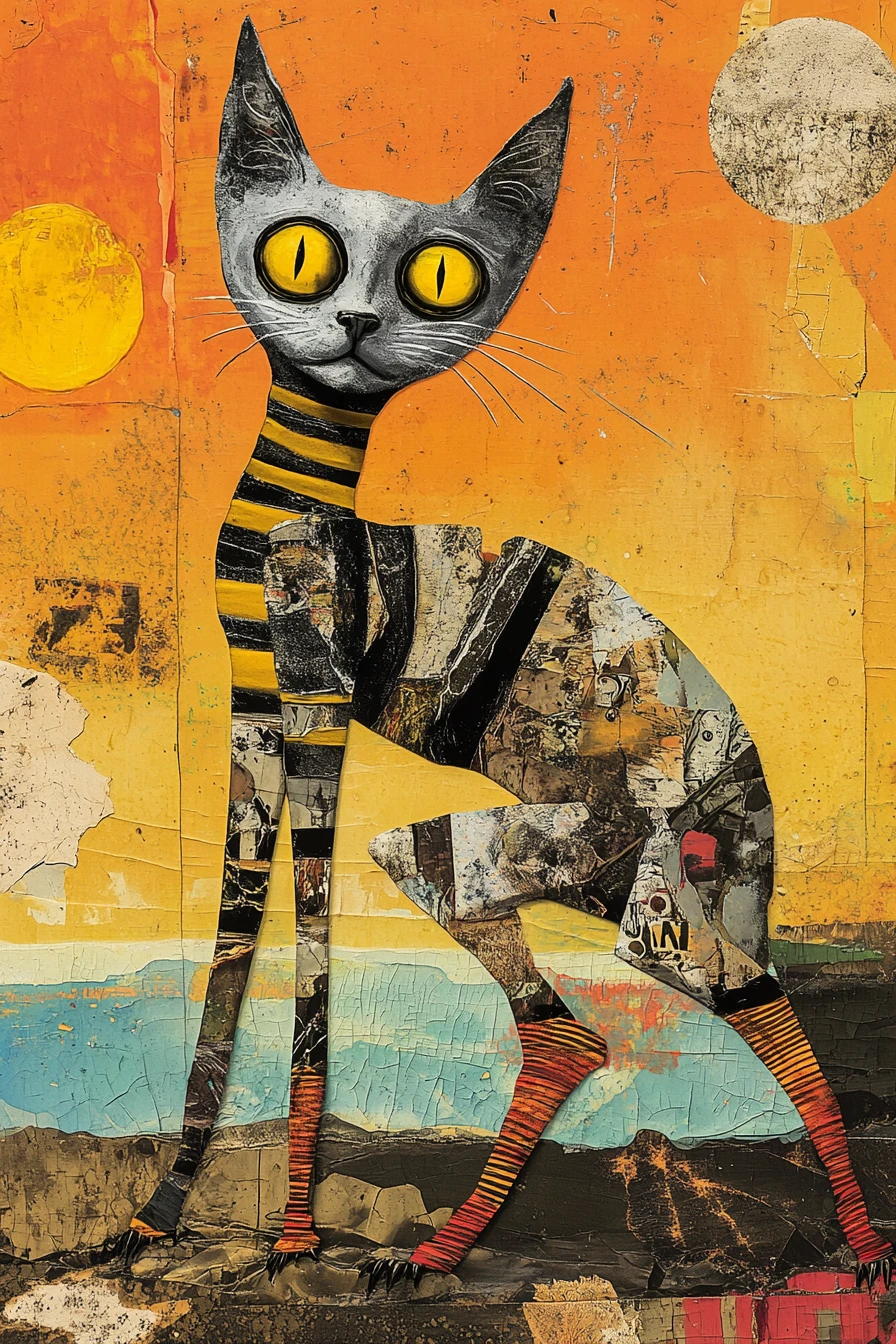 Surreal hybrid cat striding across a fractured seaside landscape