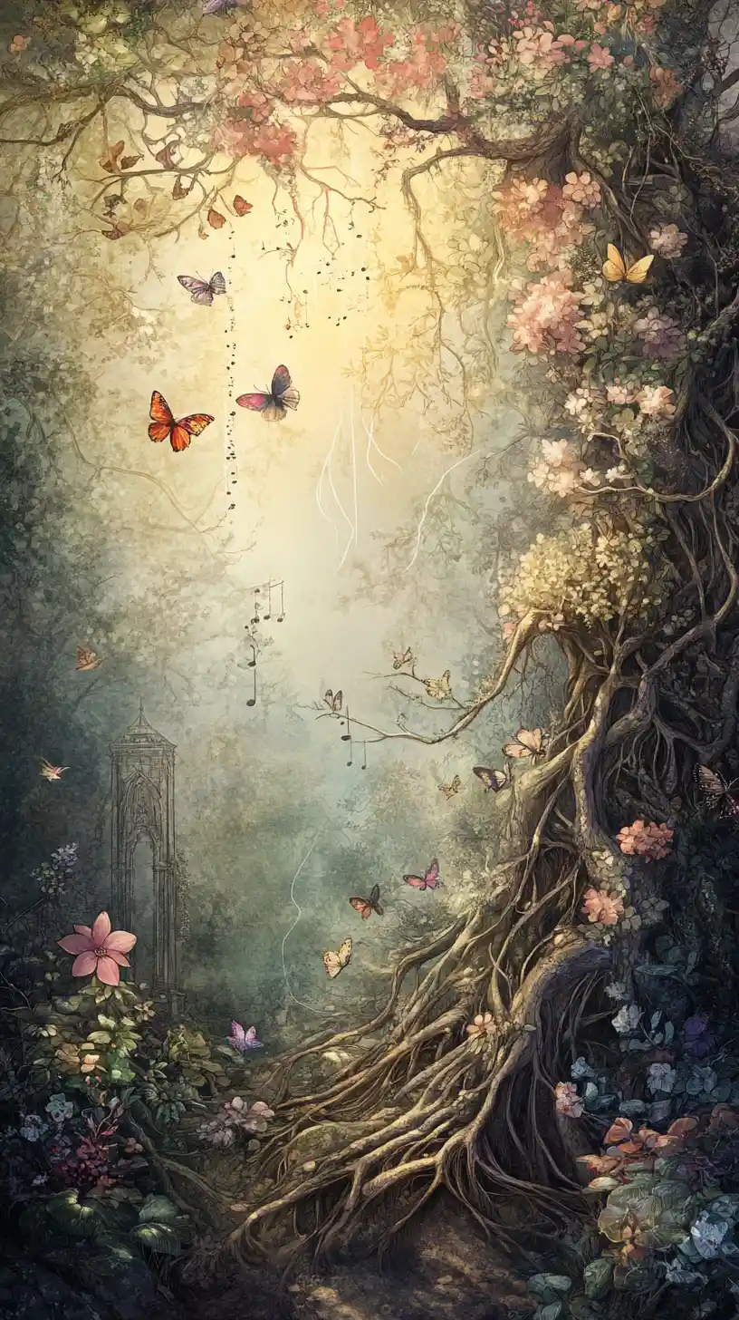 Ancient roots weaving musical forms beneath an enchanted forest