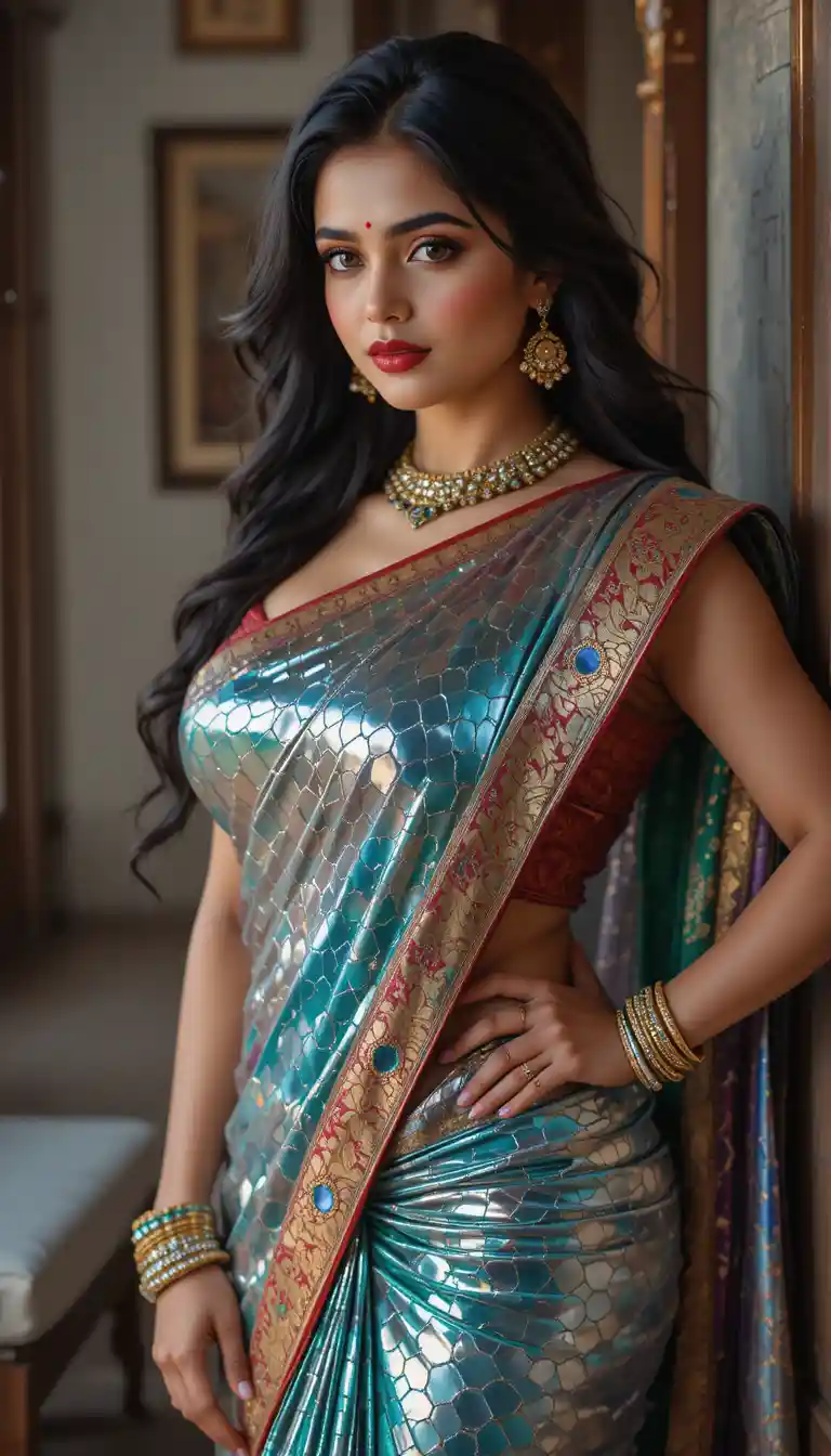Indian woman in glossy saree leaning inside rustic house