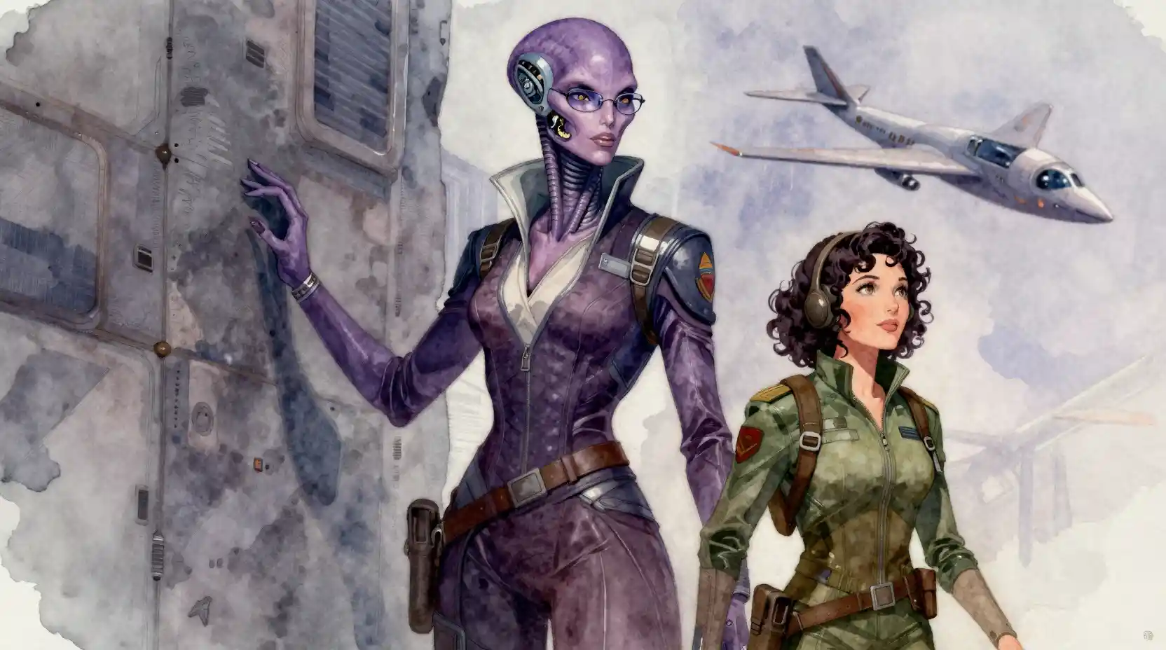 Tall violet skinned alien woman in stylish sci fi outfit