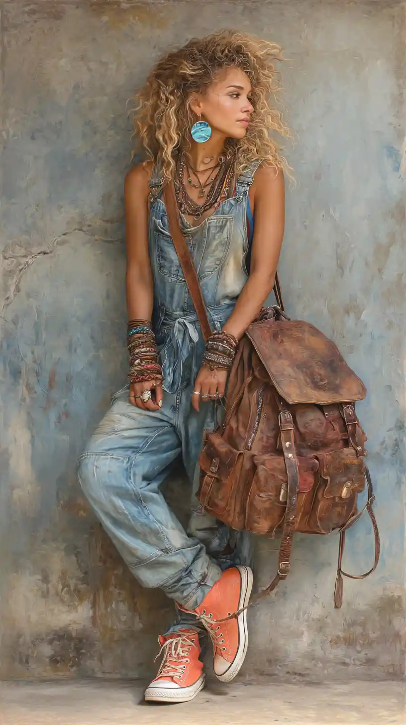 Bohemian woman in denim overalls against textured concrete wall