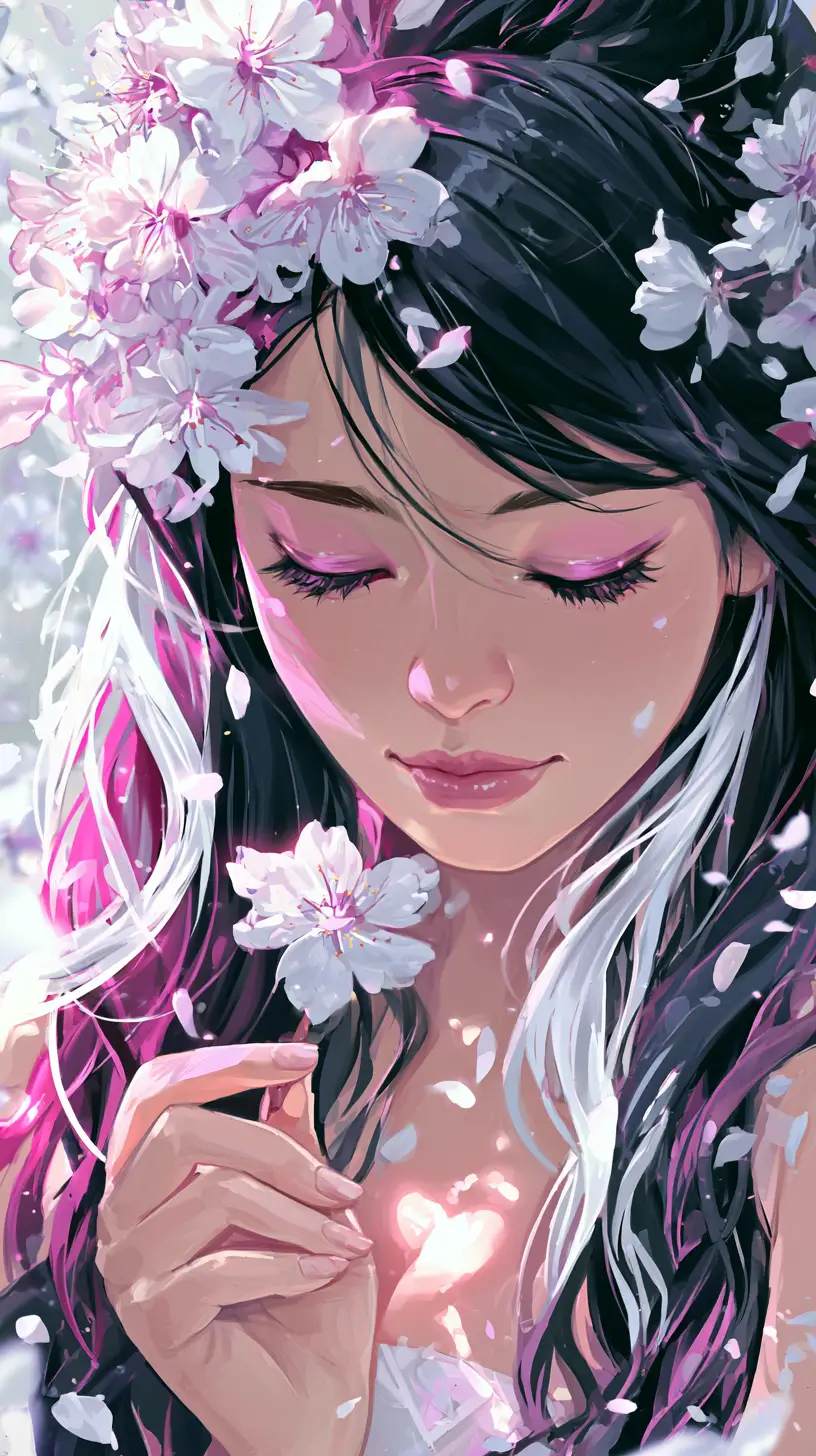Anime woman with cherry blossoms in dreamy garden